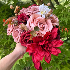 Burgundy Gold Mauve Pink Silk Rose Dahlia Bridal Bouquet Boutonniere Wedding Set