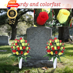 Hibsotco Artificial Cemetery Flowers with Vases 2 Sets 19 inches, Red Yellow