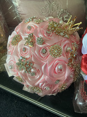 Artificial Rose Flower Bouquet Pink Gold Wedding Gold Crown Pearl Accents
