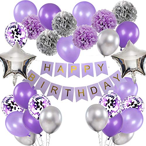 Birthday Decorations for Girls and Silver Lavender Party Decor Kit for Purple
