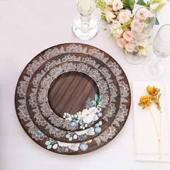 25 BROWN 8″ Wood Print Paper Dessert PLATES Floral Lace Rim Party Decorations