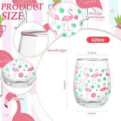 6 Pcs Stemless Wine Glasses, 15 oz Summer Cocktails Glass, Hawaiian Flamingo