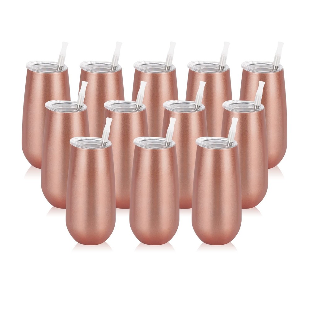 12 Pack Stemless Insulated Flute Tumblers, 6 Oz Unbreakable Rose Gold Champag…