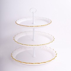 15″ Metallic White Gold 3 Tier Plastic Cupcake Stand Round Tower Lace Cut Trim
