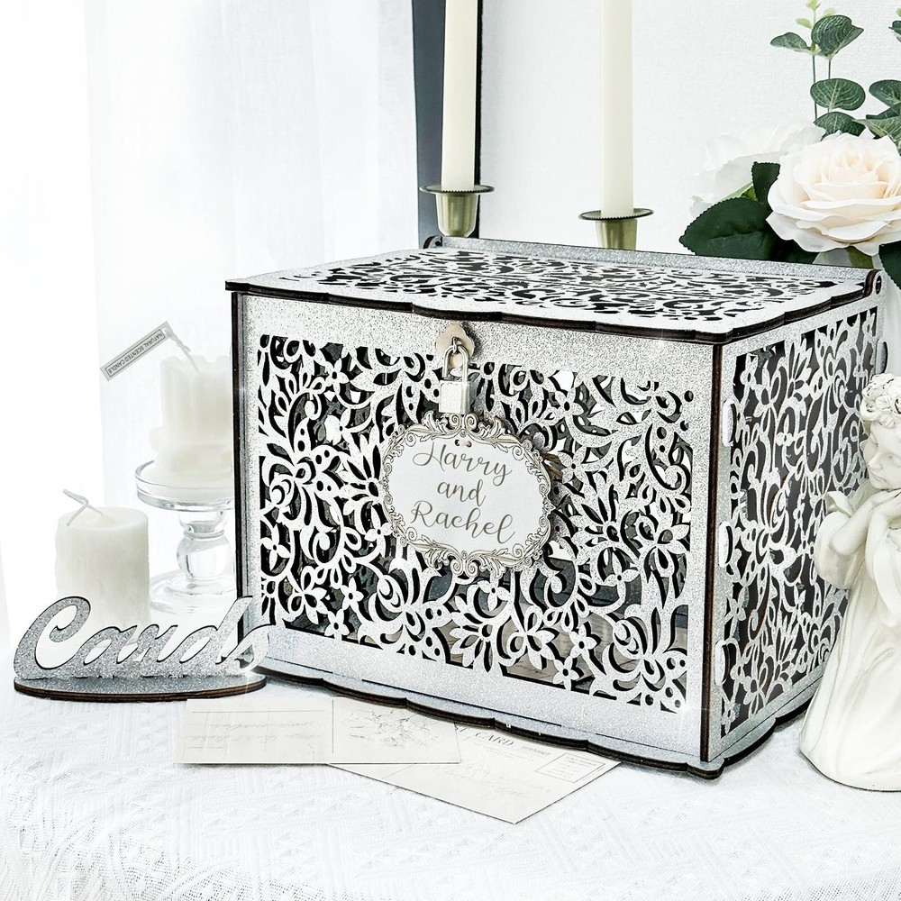 Silver Wedding Card Box with Lock Wooden Gift Box for Reception Anniversary