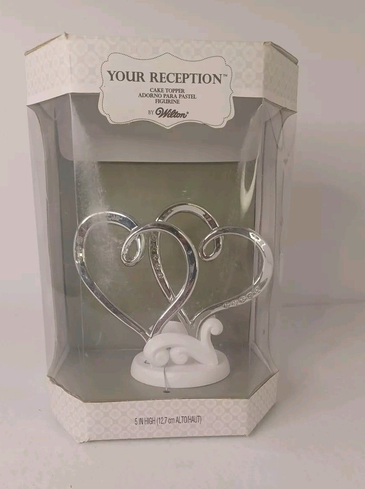 Wilton Double Heart Cake Topper Chrome & White w / Faux Crystals 5″ T x 6″ W NIB