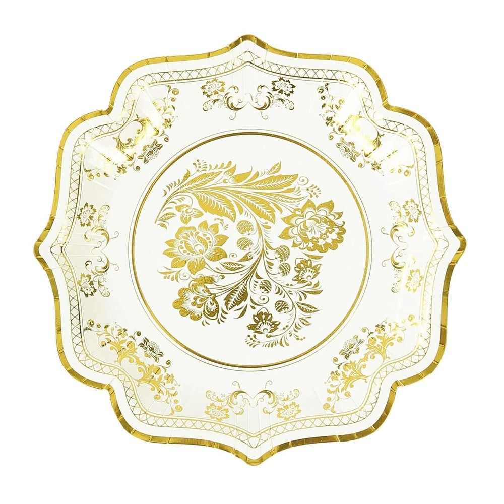 25 White 10″ Paper Dessert Plates GOLD Floral Print Scalloped Rim Party Events