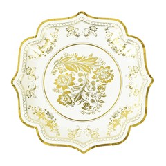 25 White 10″ Paper Dessert Plates GOLD Floral Print Scalloped Rim Party Events