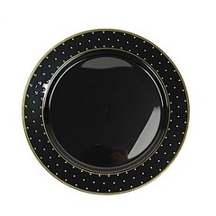 10 BLACK 10″ Round Plastic Salad PLATES GOLD 3D Dotted Rim Events Decorations
