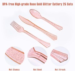 175PCS Pink Rose Gold Party Plates Set for 25 Guests Disposable Cutlery Cups