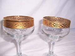 2 Our Wedding Etched Water Goblets/Wine Glasses Encrusted Gold Rim Bride & Groom