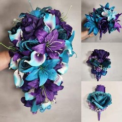 Purple Teal Rose Tiger Lily Bridal Wedding Bouquet Accessories