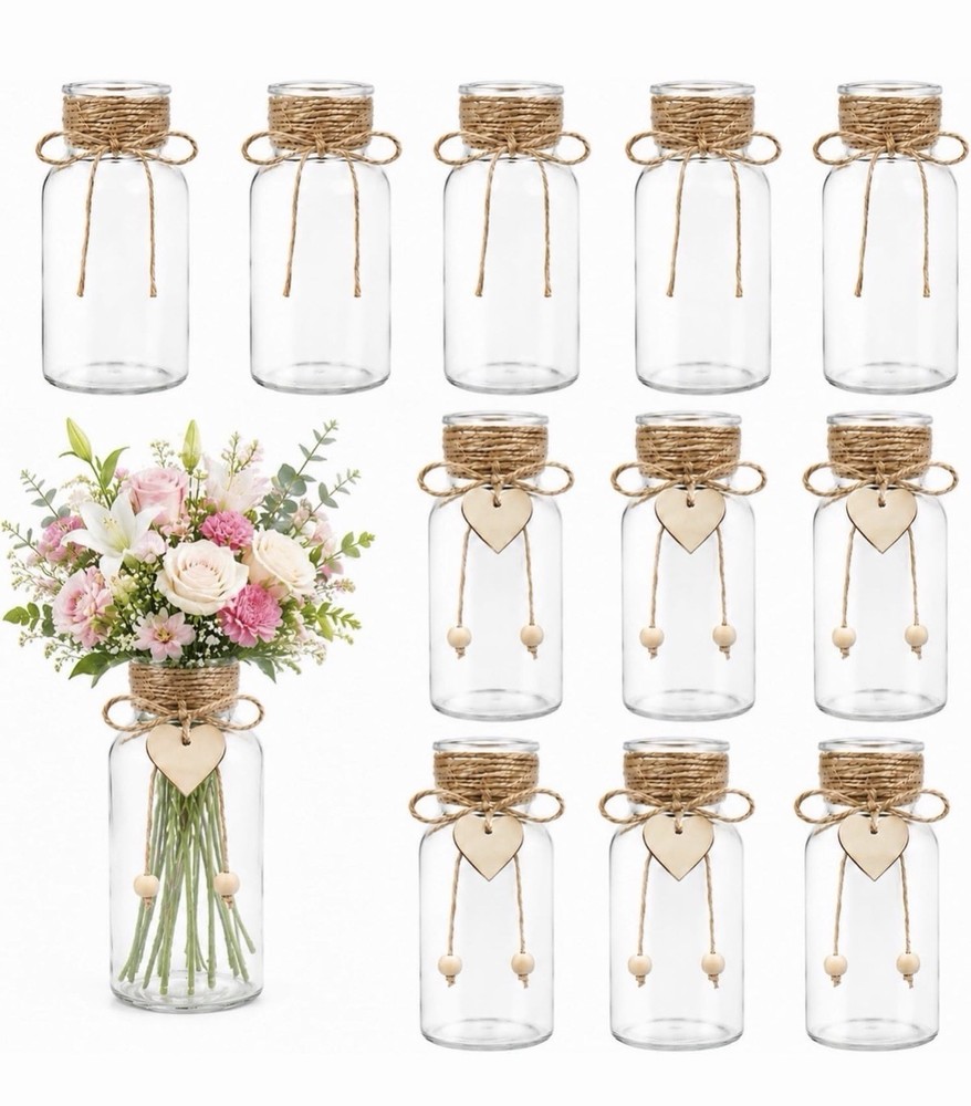 Wedding Mason Jar Vase Centerpieces Set, Clear Glass w/ Twine Heart, 6.3in