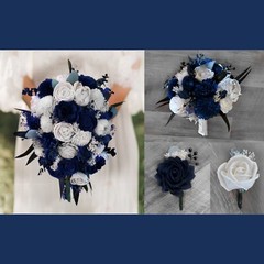 Navy Blue White Sola Wood Bridal Bouquet Bridesmaid Eucalyptus Lasting Teardrop