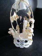 Vintage 1950s Wedding Cake Topper Bride and Groom Figurine under Arbor Stand