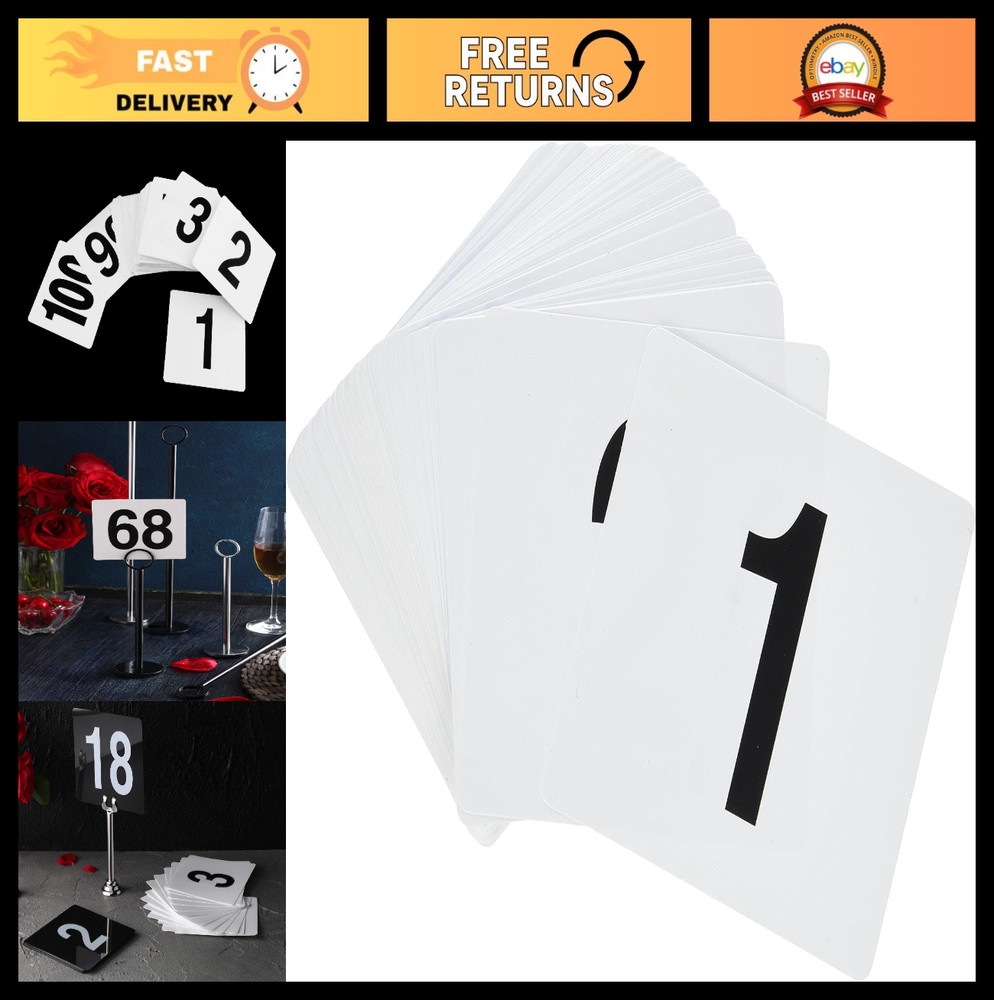 Plastic Table Number Cards 1-100 Double Sided, 4″x4″ White with Bold Black Numbe