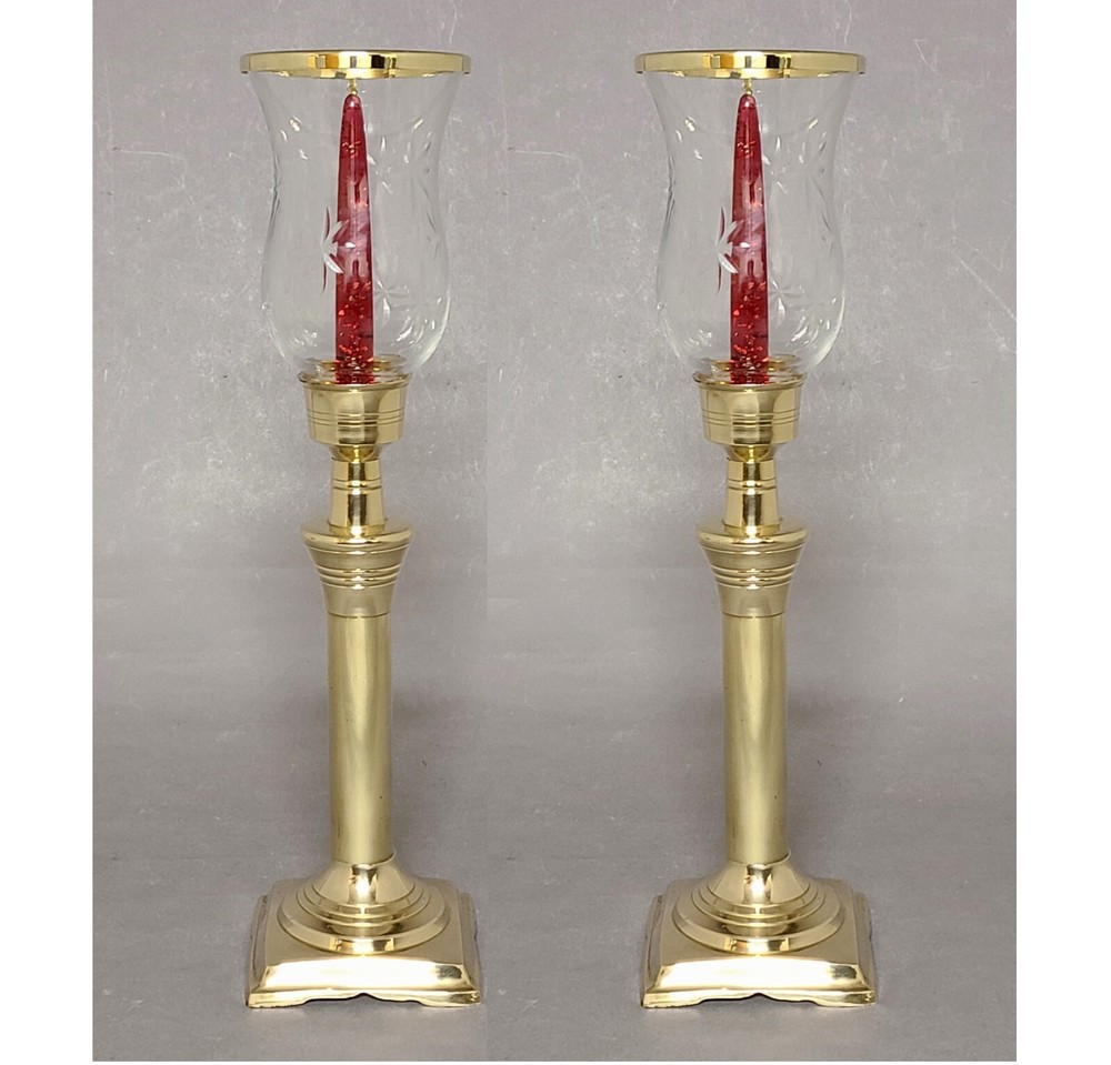 Candle Holder Brass Star Cut Glass Shade and Brass Ring 4.5″Sq 17.5″High Set/2