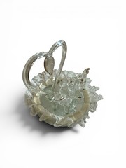 VTG 3” SPUN GLASS HEART Round WEDDING CAKE TOPPER w Elephants Heart Lace Mirror