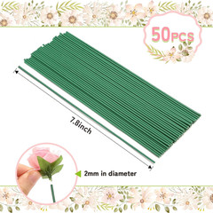 Green Floral Wire Stems, 50 Pieces, Thick Flower Rose Bud Sticks, 8 Inches