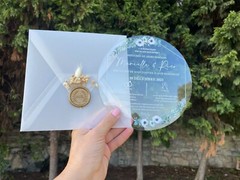 50 pieces; Floral acrylic wedding invitation. Parchment envelope. Wax seal