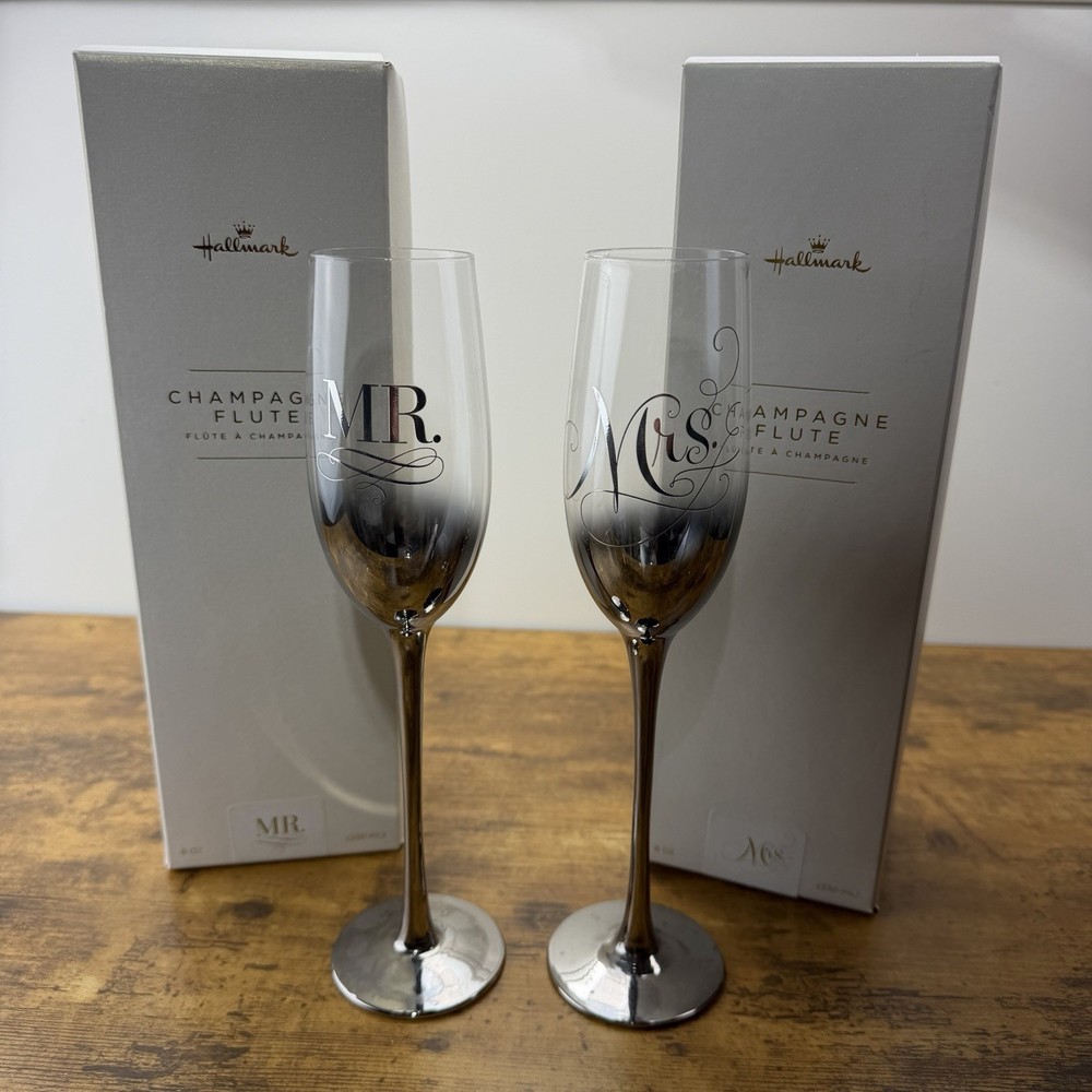 Hallmark Mr and Mrs Champagne Flutes Set Wedding Toasting Glasses Silver Ombre