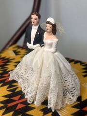 Vintage 1950s Wedding Cake Topper Ceramic Fabric Small Pretty Classic Brunette