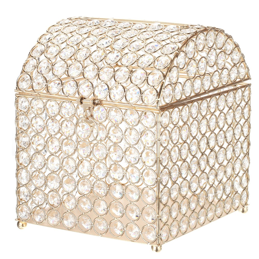Crystal Card Box with Heart Lock, 7.5″ x 8.3″ x 9.1″ Wedding Card Box Gold