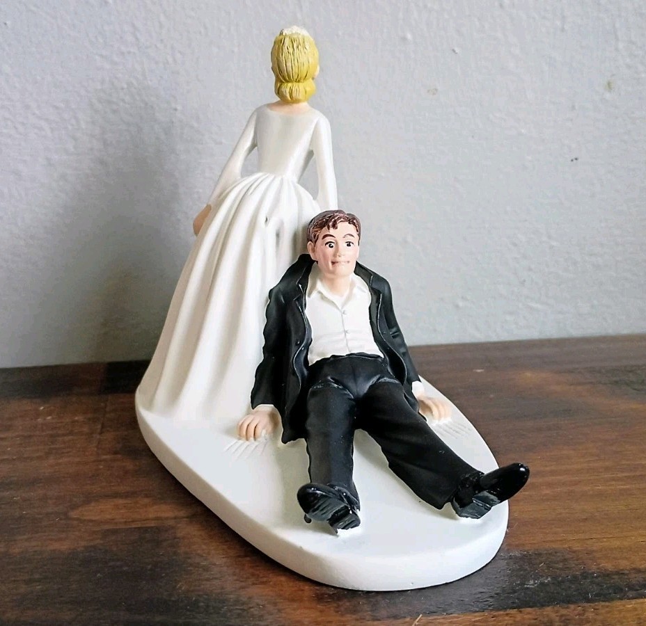 Wedding Cake Topper Figurine Funny Bride Dragging Reluctant Groom Shot Gun Blond