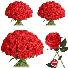 50PCS Artificial Silk Roses Flowers – Realistic Fake Roses in Bulk & Red