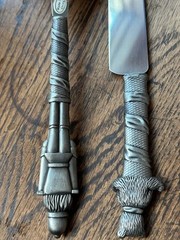 Vintage NIB Bombay Christmas Toy themed Cake Knife & Server w/pewter handles