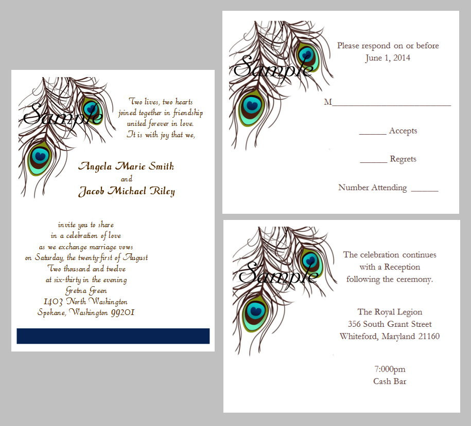 100 Personalized Custom Peacock Feathers Blue Green Wedding Invitations Set