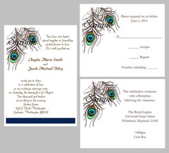 100 Personalized Custom Peacock Feathers Blue Green Wedding Invitations Set