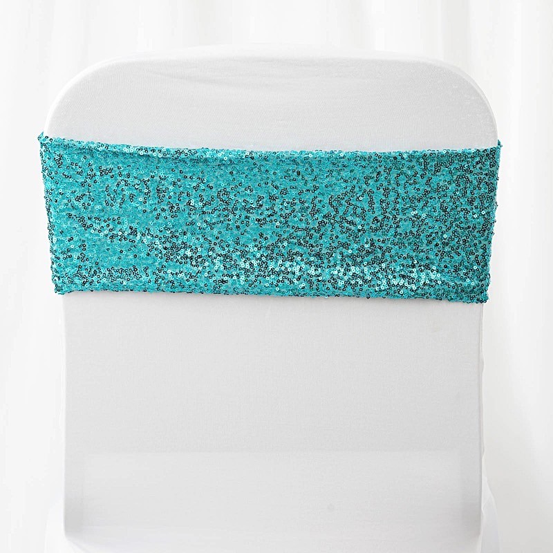 10 Turquoise Spandex Sequined CHAIR SASHES Ties Wraps Wedding Party Decorations