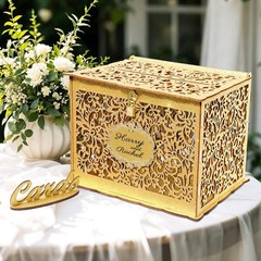 Wooden Gift Card Box for Weddings with Lift-off Lid and Glittery Gold Finish