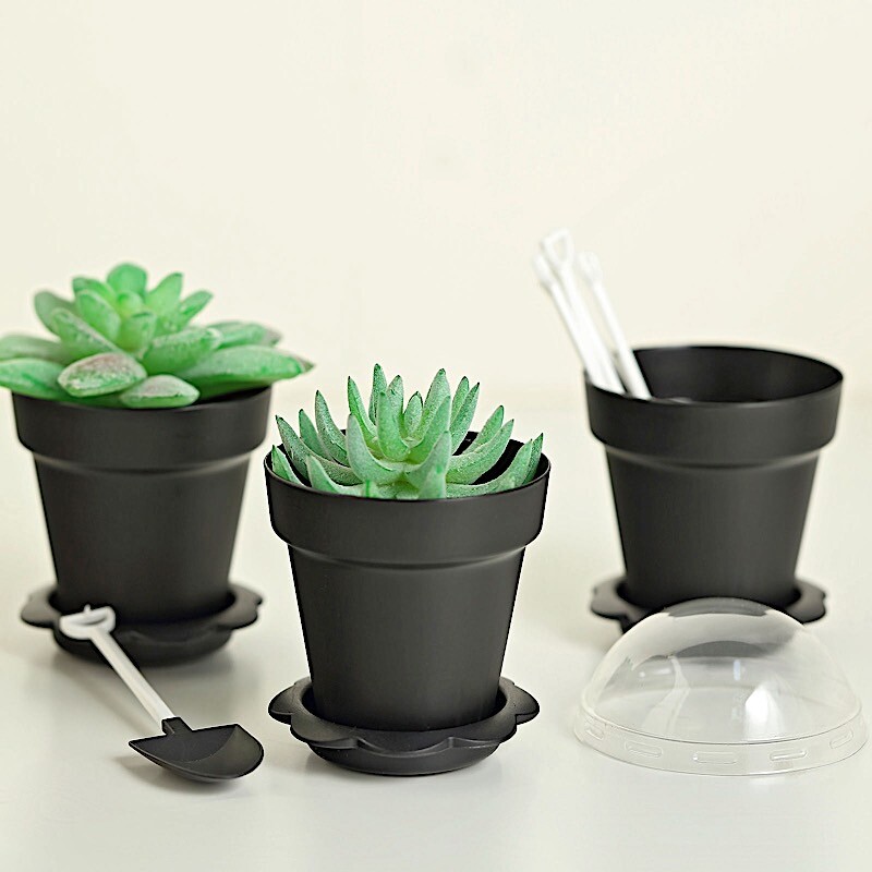 12 BLACK Mini Flower Pot DESSERT CUPS Lid Shovel Spoon Party Events Decorations