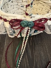 White Flower Girl Heart Shaped Woven Basket Lace Roses Beaded Ribbon Cottagecore