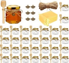 Honey Pot, Mini Glass Honey Jars with Wood Dipper, Gold Lid, Bee 2oz 30 pack