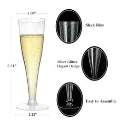 Pack Champagne Flutes Plastic, 4.5 oz Plastic Disposable 100 Silver Glitter