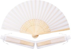 50pc White Fabric Bamboo Hand Fans w/ Organza Bags