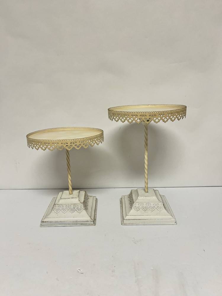 VTG Pair Metal Pedestal Display Stands Cream Lace Edge Wedding Cake Riser 8”