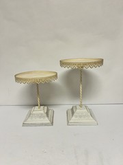 VTG Pair Metal Pedestal Display Stands Cream Lace Edge Wedding Cake Riser 8”