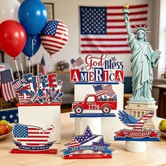 6 Pcs Independence Day Wood Tabletop Signs 4th of July Patriotic Wooden Table Ce