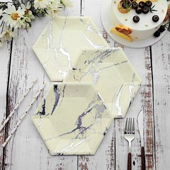 25 pcs 8.5″ Ivory Silver Hexagon Paper Salad Plates Marble Design Tableware