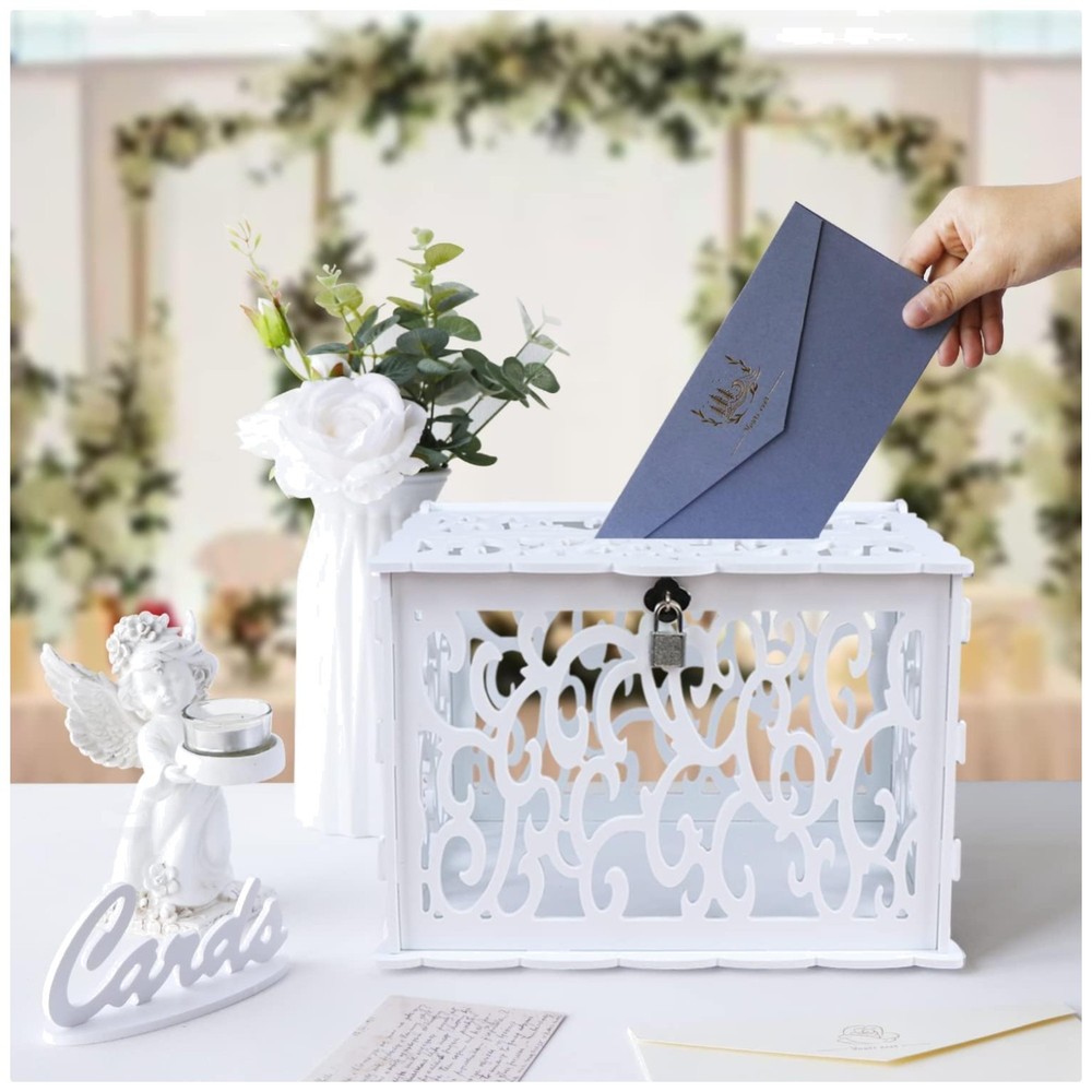 DIY White Wedding Card Box with Lock – Elegant Hollow Design
