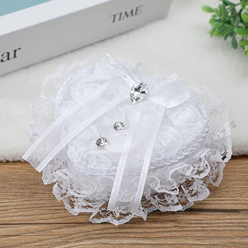 Wedding Ring Pillow Heart Box, White Romantic Lace Pearl Ring Box Diamond
