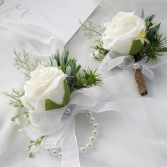 Handcrafted Ivory Rose Wrist Corsage and Boutonniere Set for Special Occasions