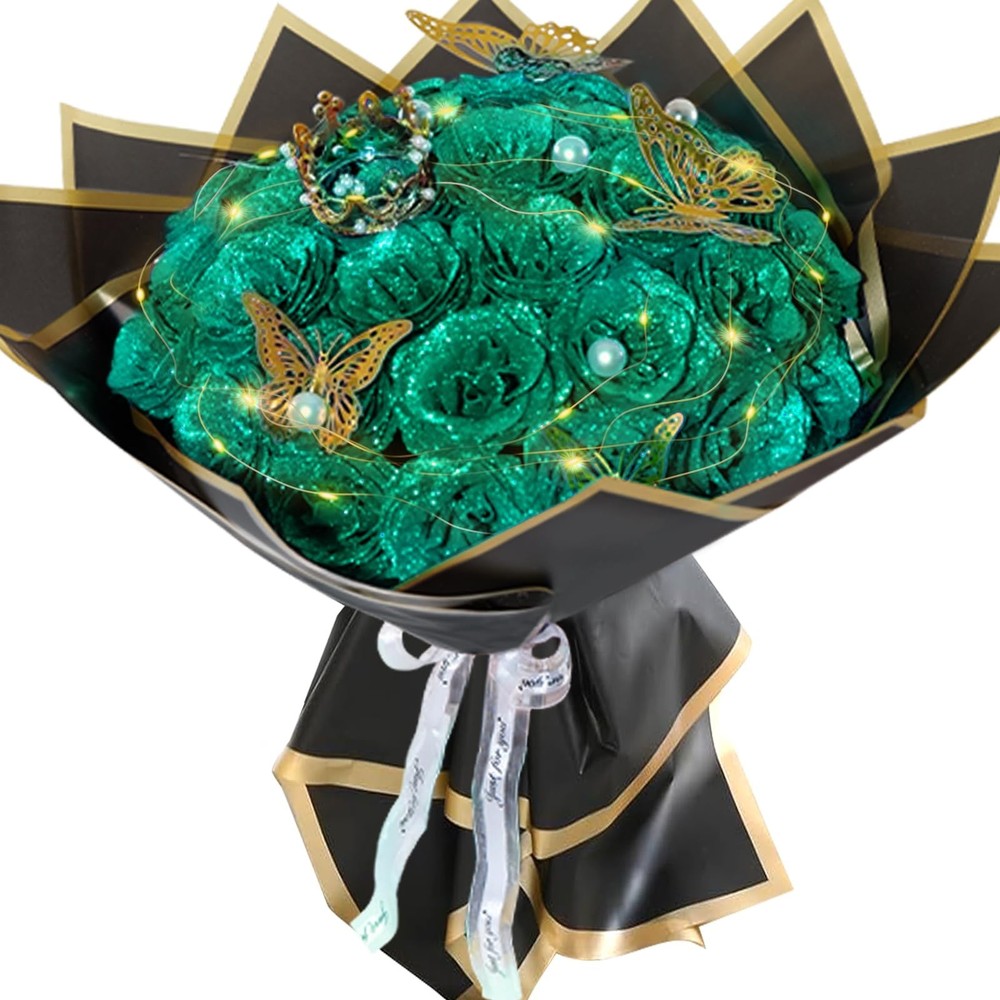 Dark Green Glitter Roses Bouquet, 36 Pcs Shiny Glitter Flowers Bouquet, Everl…