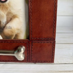 Pre-owned Huntley Leather Pet Dog Picture Frame w/Silver Bone Accent Excellent