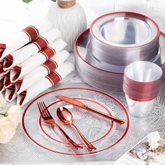 175 Piece Plastic Dinnerware Set for Party, Clear 175 Piece (25 guests) Red
