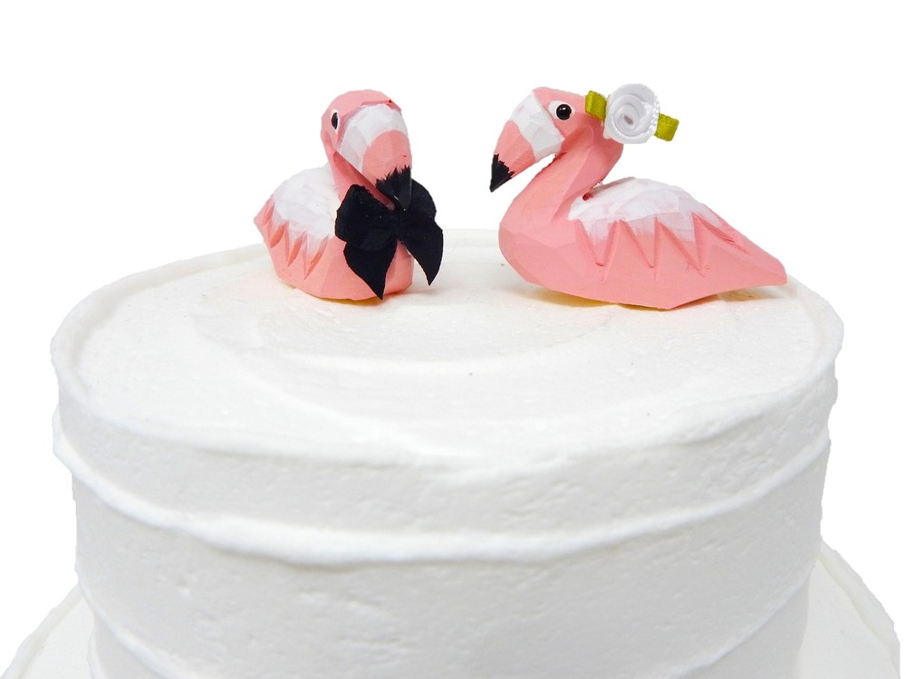 Flamingo Cake Top Bride Groom Love Bird Wedding Engagement Carved Wood Statue